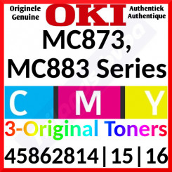 Oki 45862814 Yellow / 45862815 Magenta / 45862816 Cyan  (3-Toner CMY Bundle) High Capacity Original Toner Cartridges (3 X 10000 Pages)
